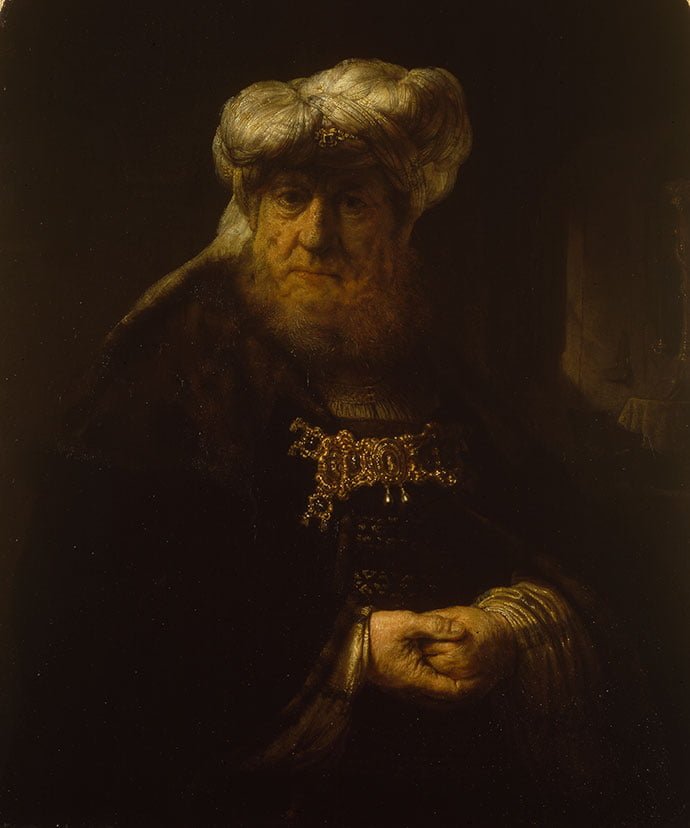 Rembrandt van Rijn A man in oriental costume (or King Uzziah stricken by leprosy) c. 1639 Oil on wood panel