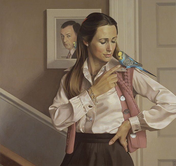 Michael Leonard Portrait of Amanda Cavendish, Duchess of Devonshire, when Marchioness of Hartington, with a budgerigar 'George', 1981 Acrylic on canvas